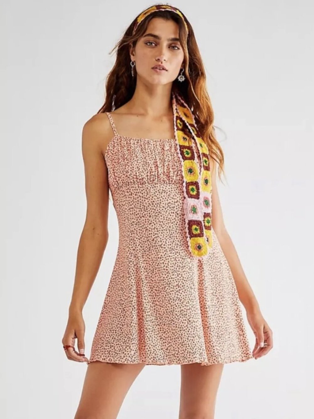 Free People | NWT Jamie Mini Dress Peach Leopard Print Ruched Tie Back Size S - Picture 2 of 12